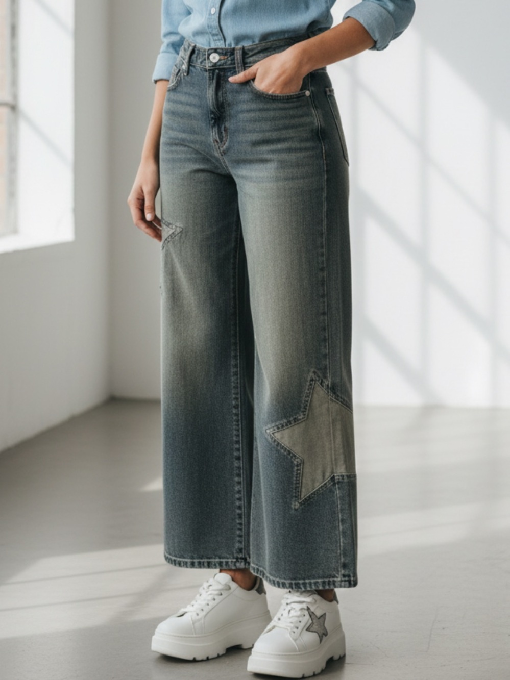 Cali 1850 Star Patch Embroidered Wide Leg Jeans